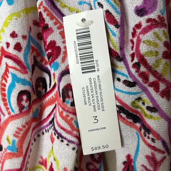 Chicos NWT Cardigan Size 3 XL Paisley Bright Colors Open Front Cotton Nylon - Picture 5 of 9